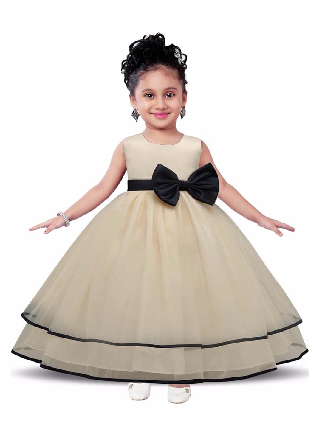 

BAESD Girls Satin Round Neck Fit & Flare Maxi Party Dress Comes With A belt, Gold