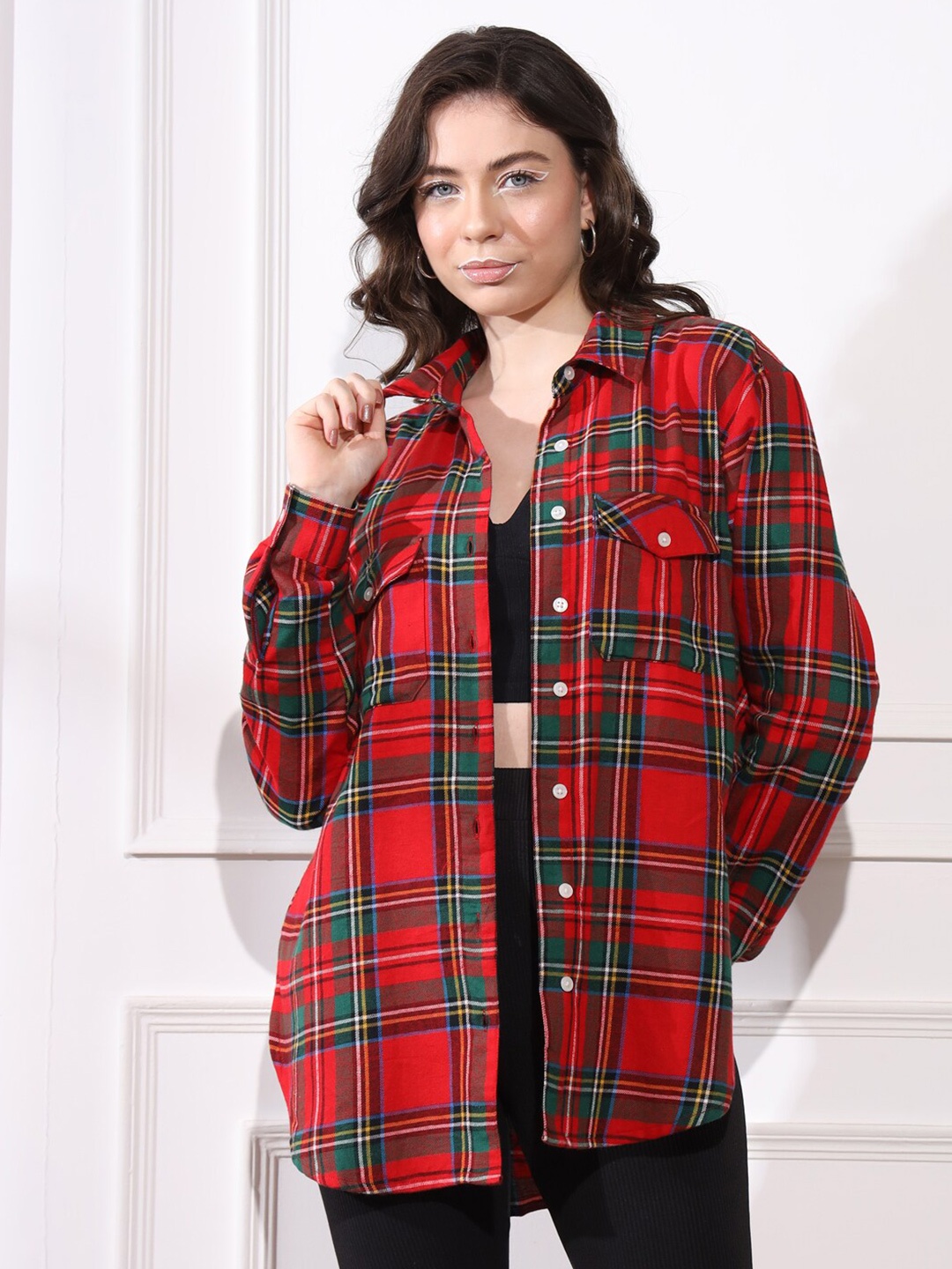 

BELAVINE Tartan Checks Opaque Checked Oversized Casual Shirt, Red