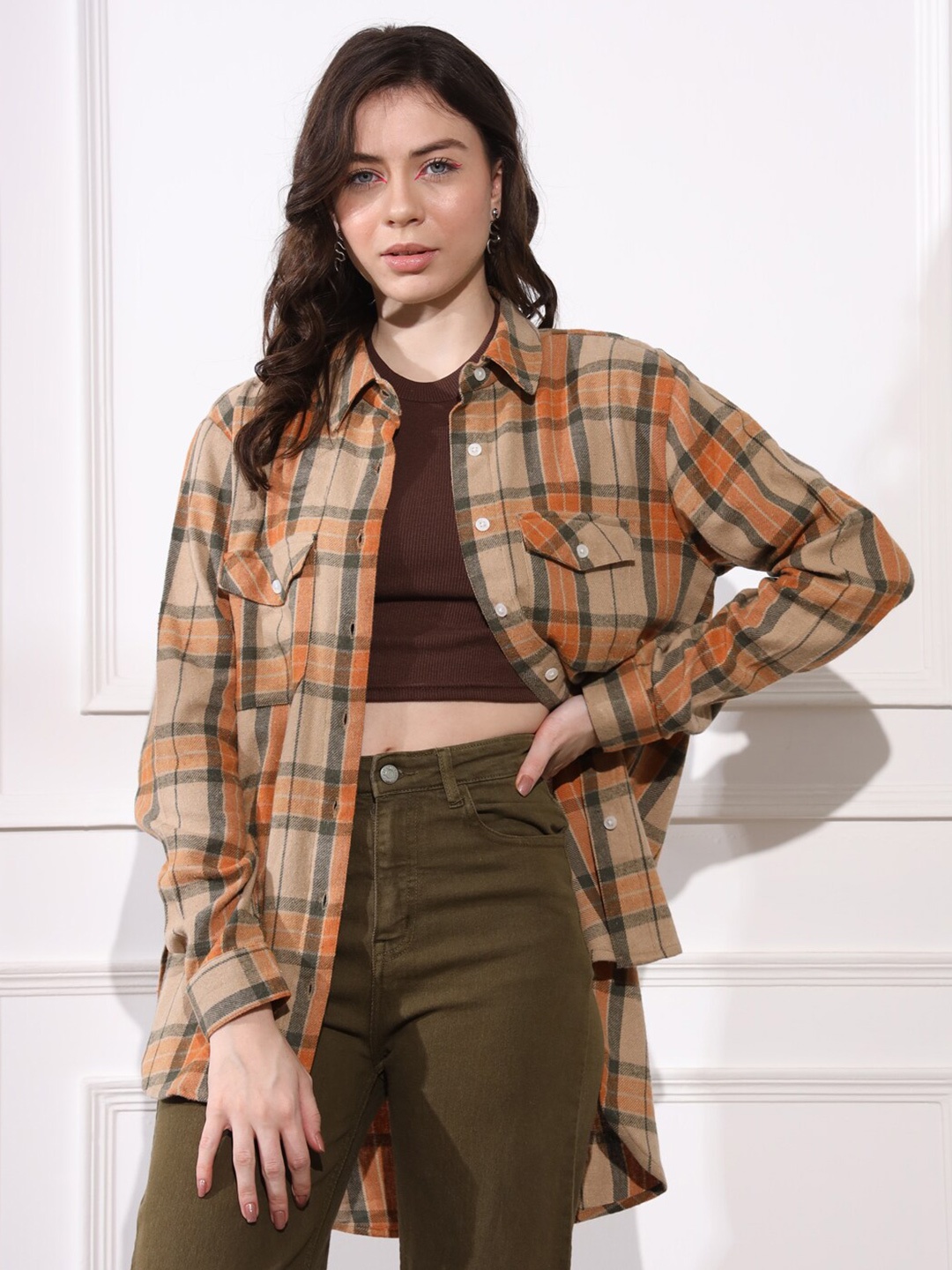 

BELAVINE Tartan Checks Opaque Checked Oversized Casual Shirt, Orange