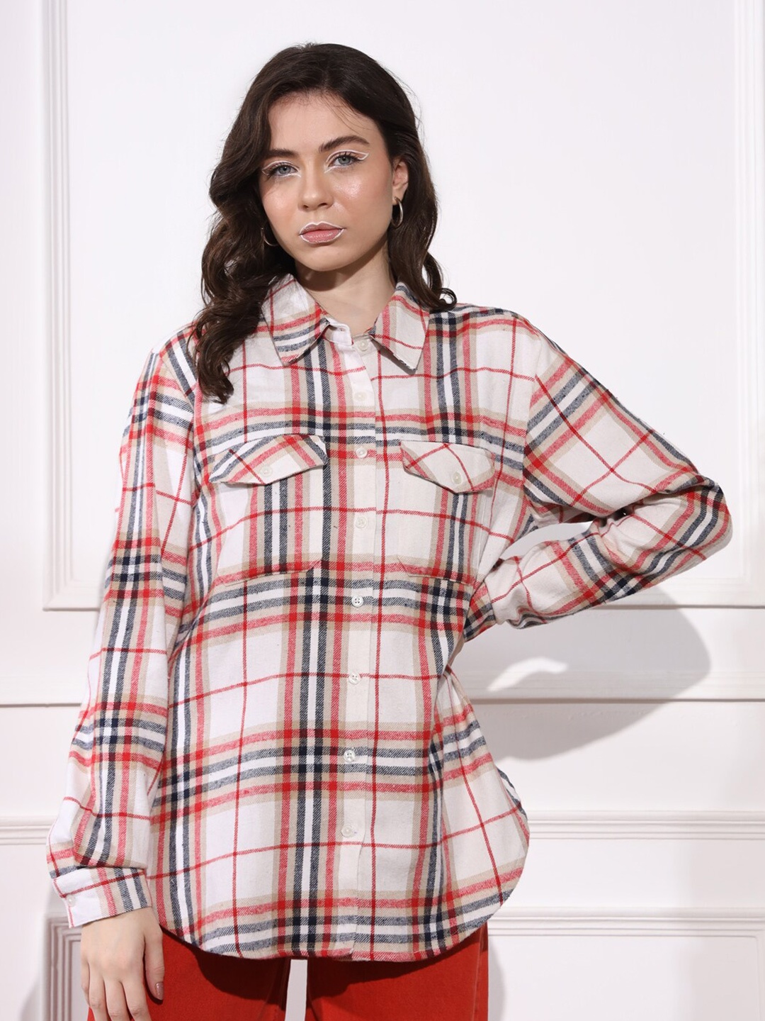 

BELAVINE Tartan Checks Opaque Oversized Casual Shirt, White