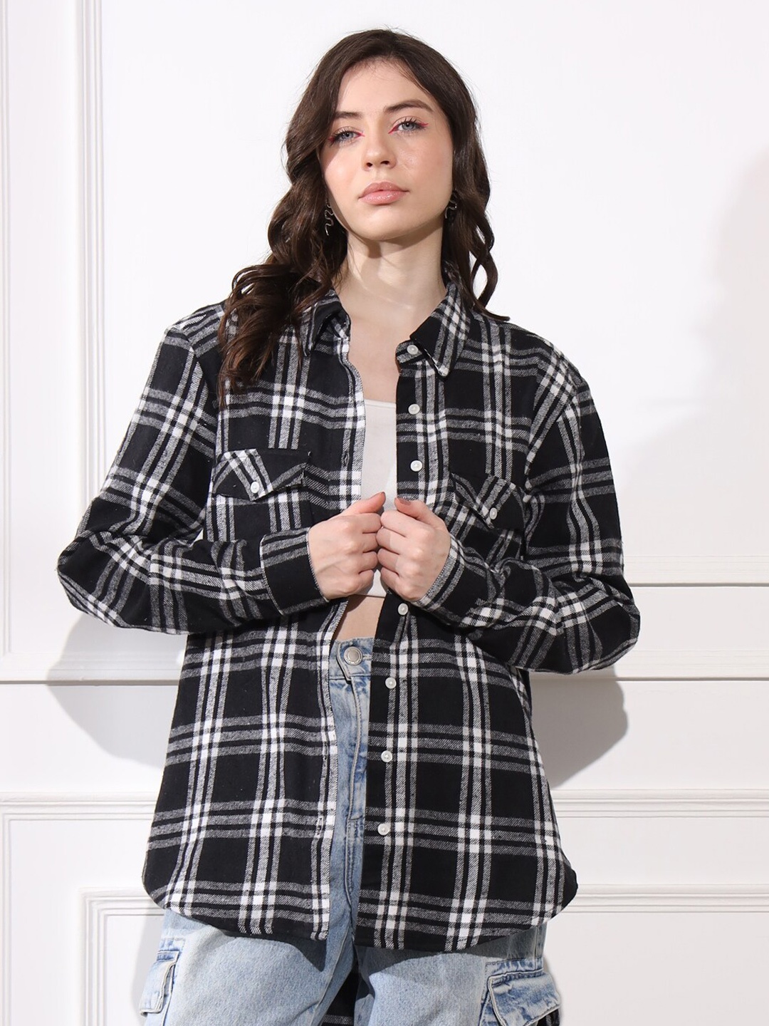 

BELAVINE Tartan Checks Opaque Checked Casual Shirt, Black