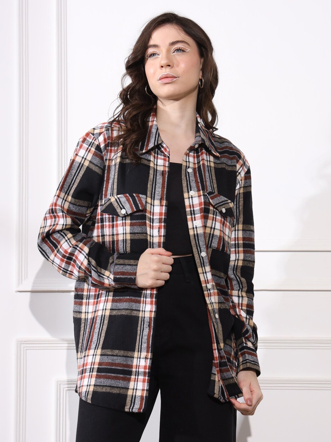 

BELAVINE Tartan Checks Opaque Oversized Casual Shirt, Black