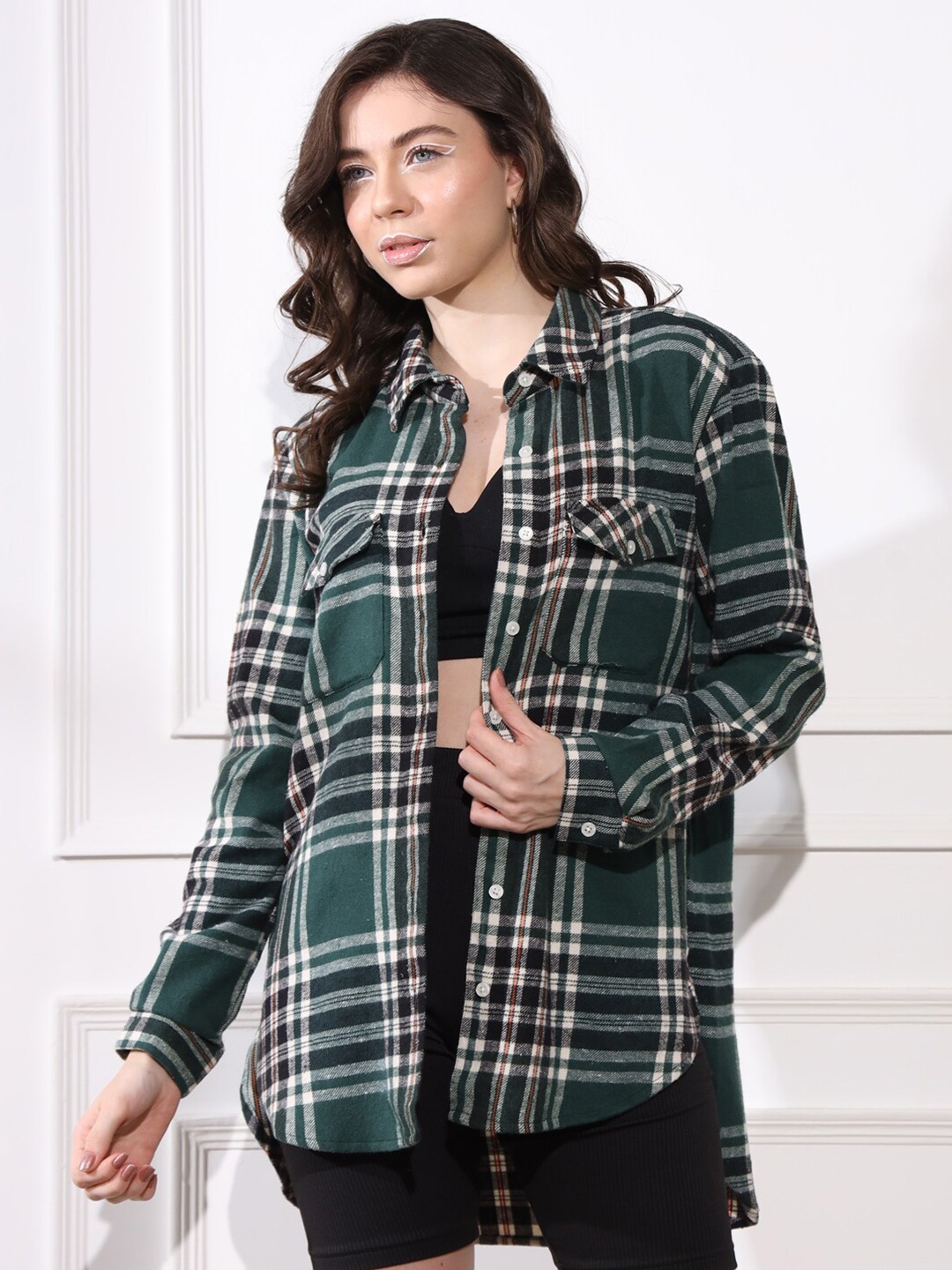 

BELAVINE Tartan Checks Opaque Checked Oversized Casual Shirt, Green