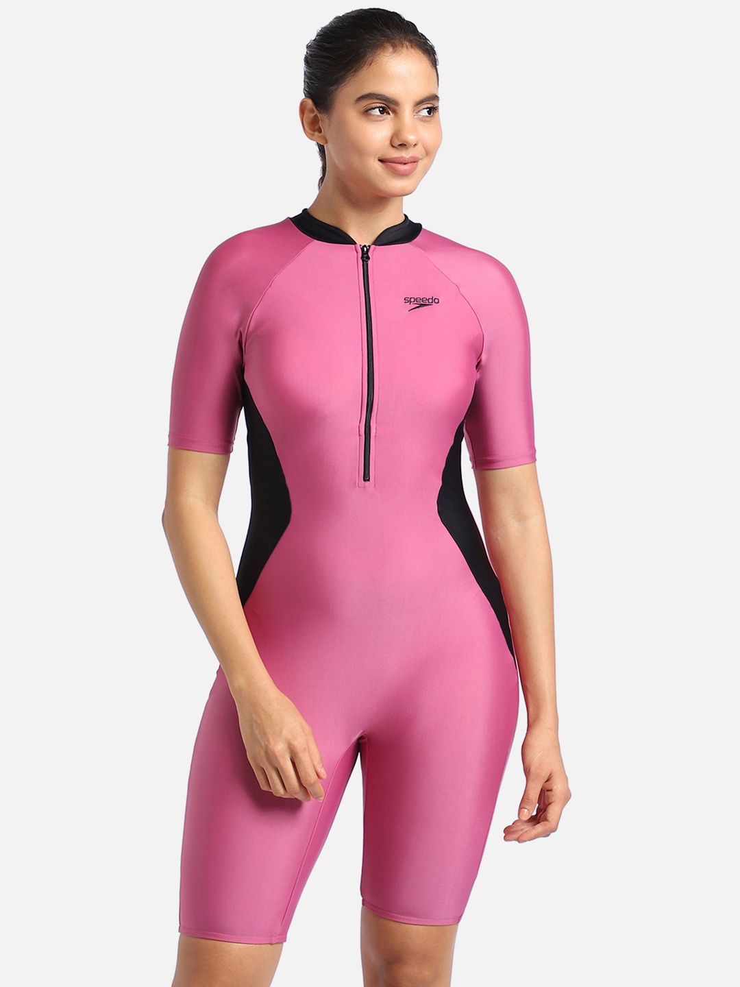 

Speedo Colourblocked Mock Collar Medium Coverage Kneesuit Swimwear, Pink