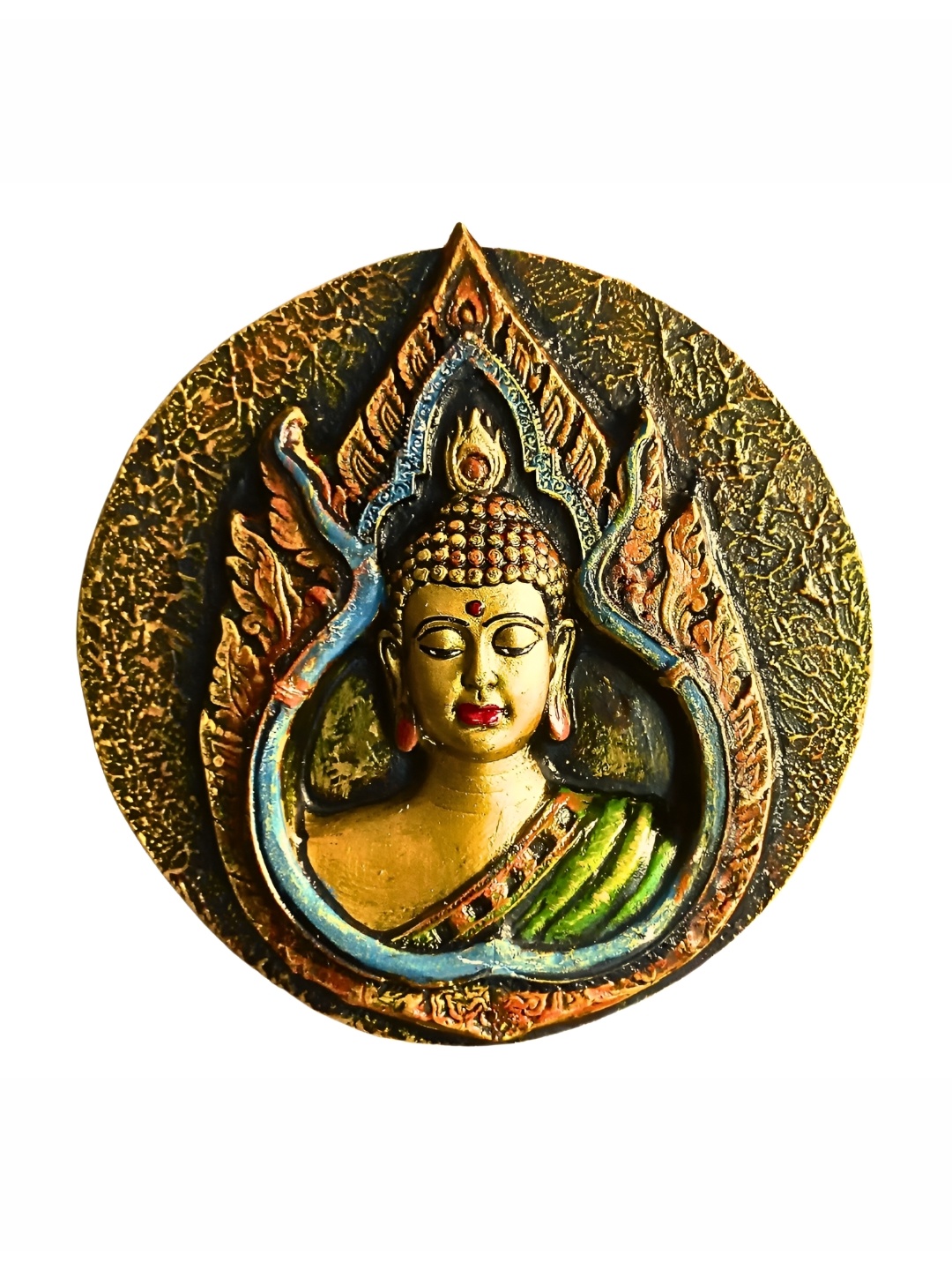 

INDIA MEETS INDIA Gold toned & Green Religious Wooden Budha Wall Art