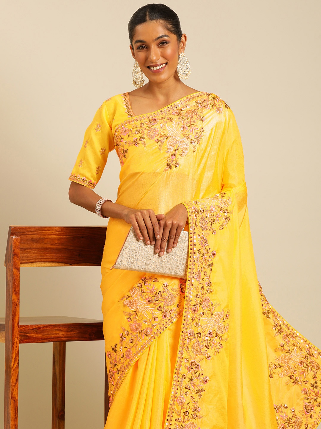 HERE&NOW Floral Sequinned Poly Georgette Saree, Yellow