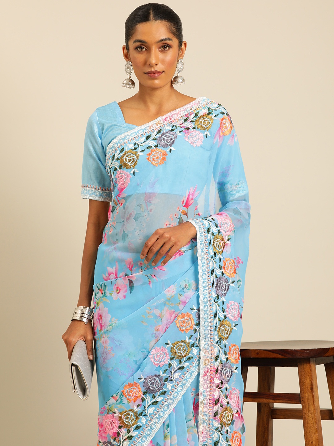 

HERE&NOW Floral Beads and Stones Poly Georgette Saree, Turquoise blue