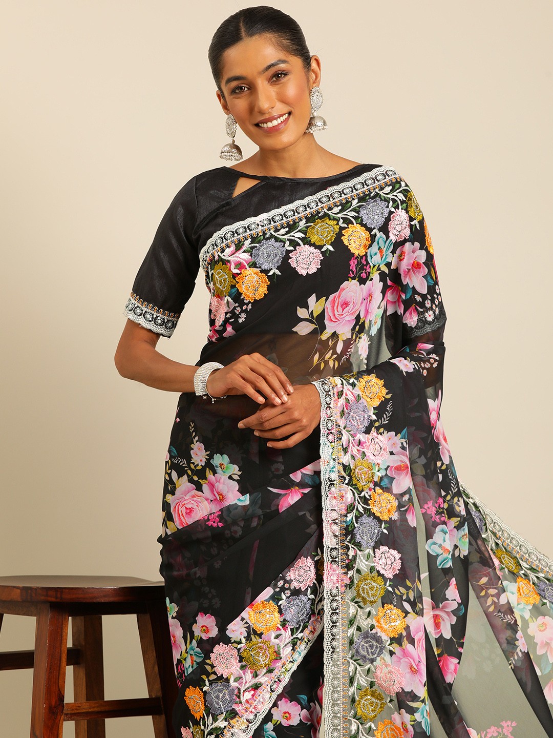 

HERE&NOW Floral Beads and Stones Poly Georgette Saree, Black