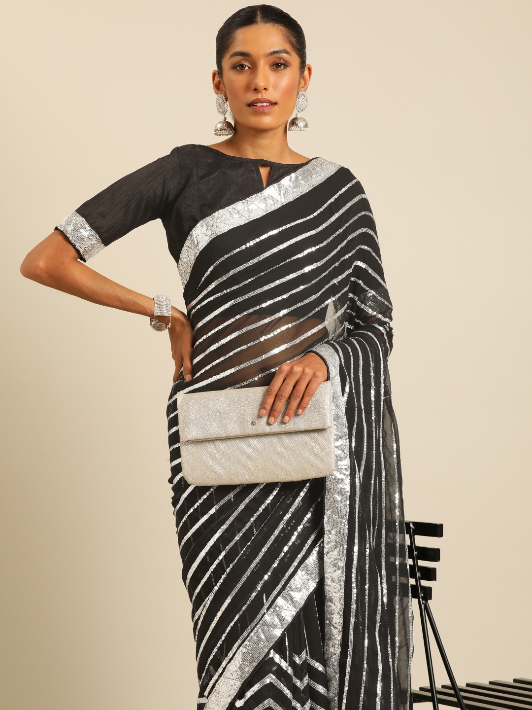 

HERE&NOW Striped Sequinned Poly Georgette Saree, Black