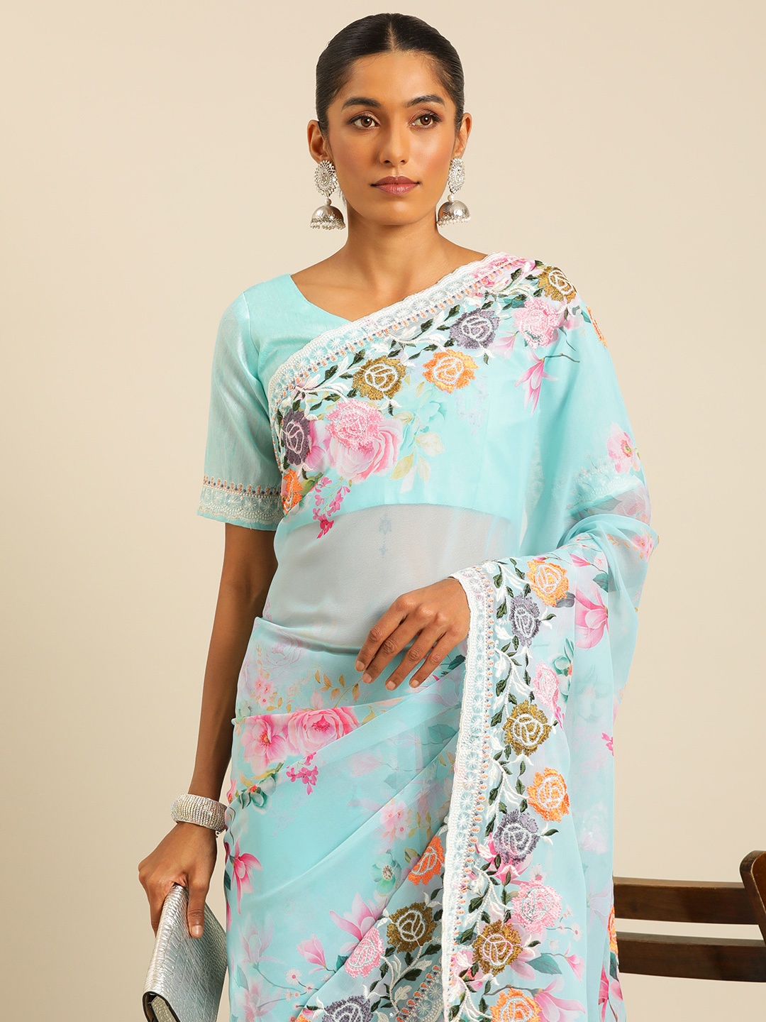 

HERE&NOW Floral Beads and Stones Poly Georgette Saree, Turquoise blue