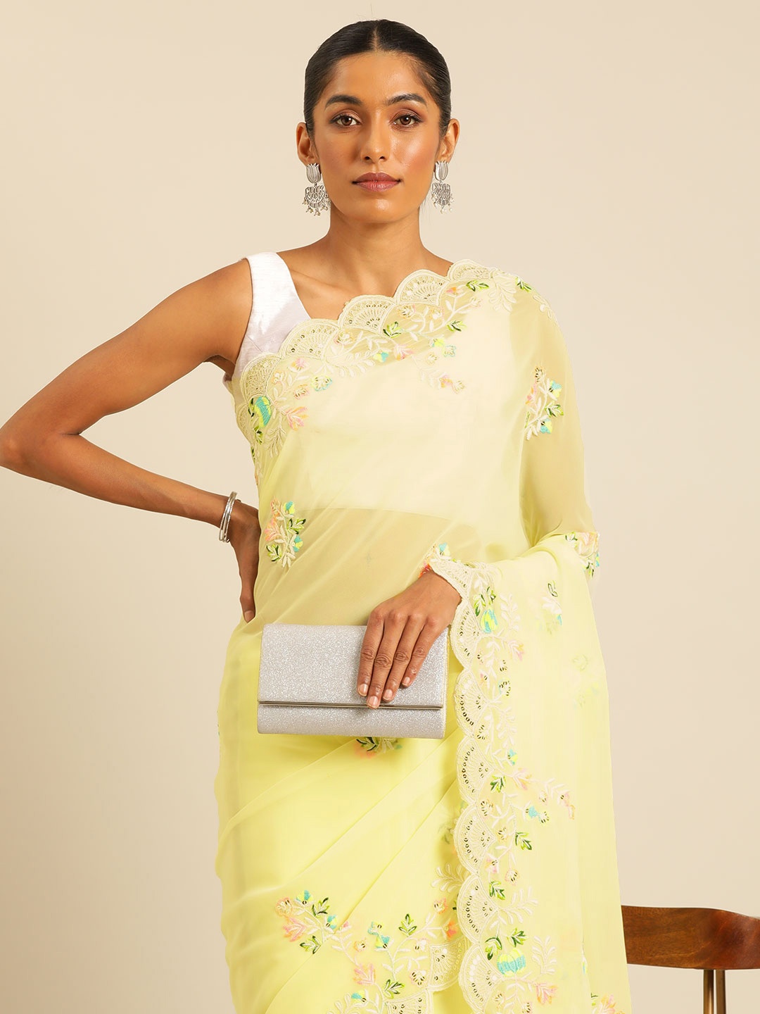 

HERE&NOW Floral Sequinned Poly Georgette Saree, Yellow