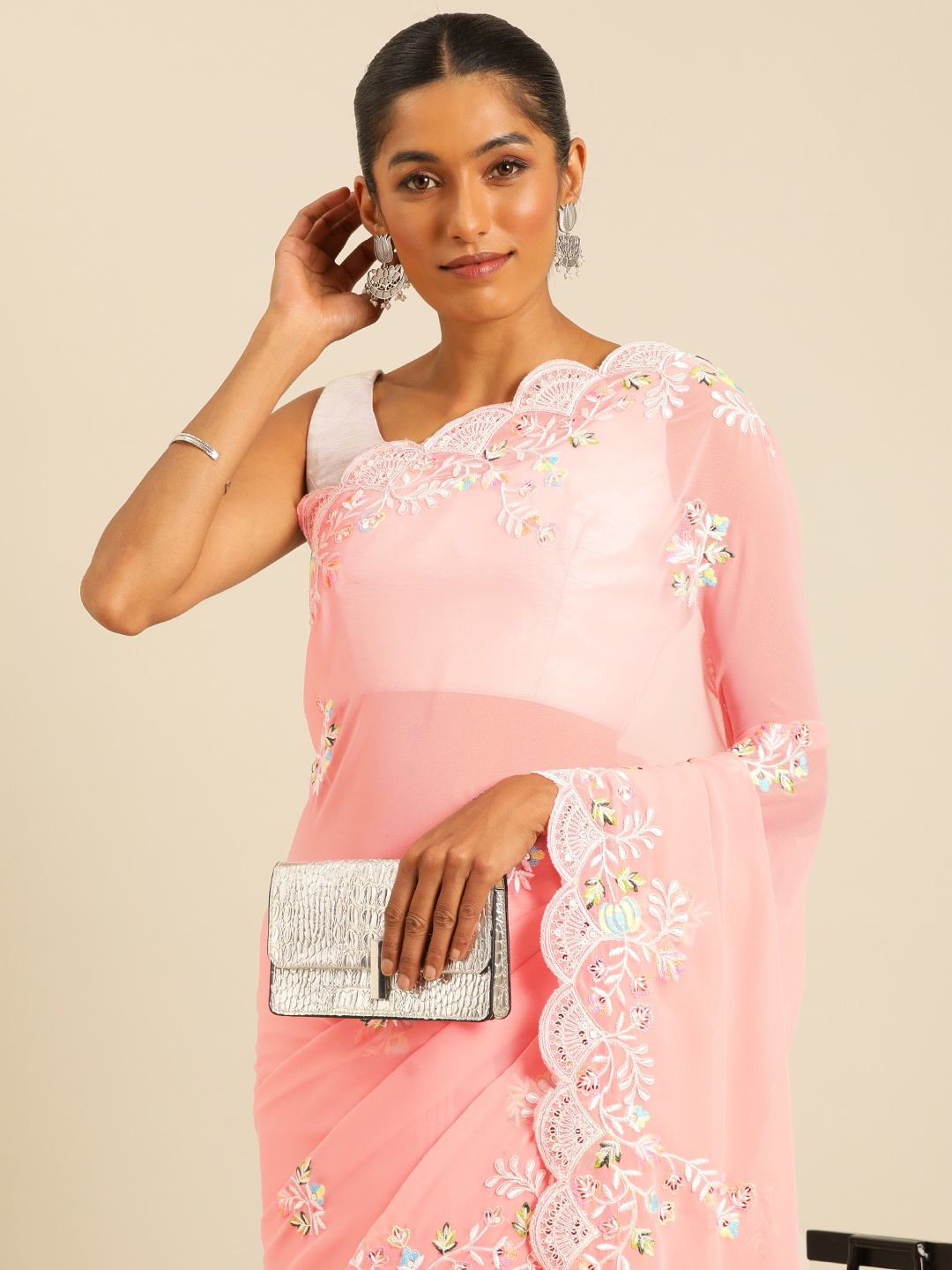 

HERE&NOW Floral Sequinned Poly Georgette Saree, Peach