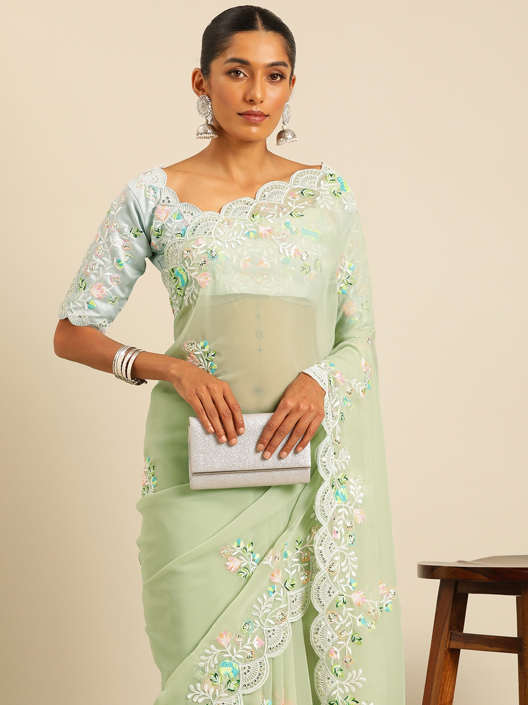 

HERE&NOW Floral Sequinned Poly Georgette Saree, Sea green