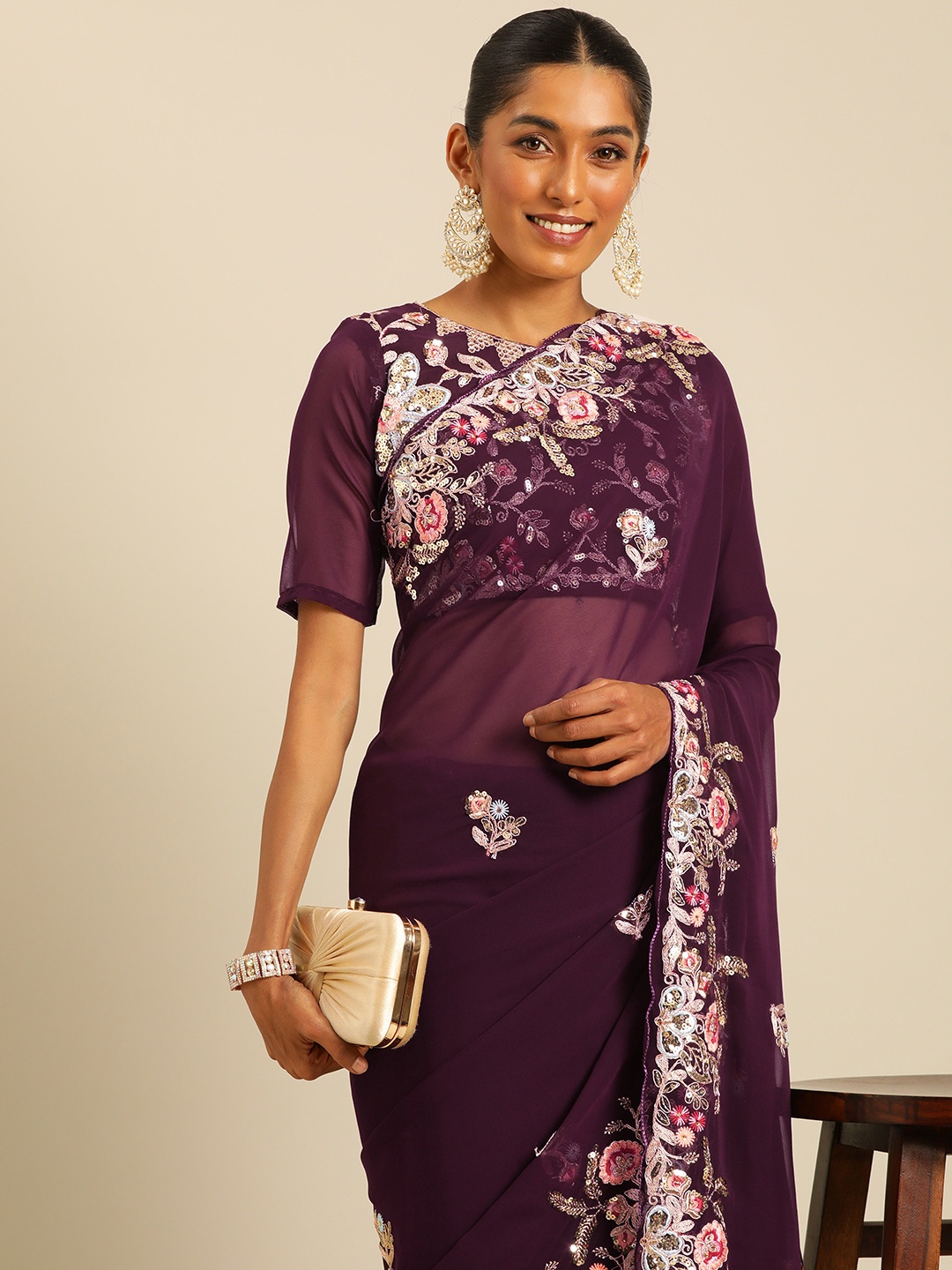

HERE&NOW Floral Sequinned Poly Georgette Saree, Maroon