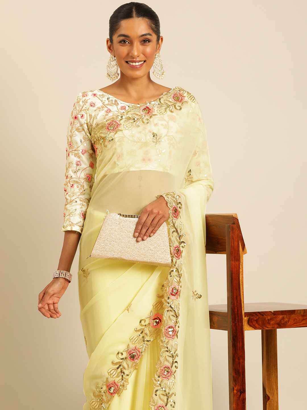 

HERE&NOW Floral Sequinned Poly Georgette Saree, Yellow