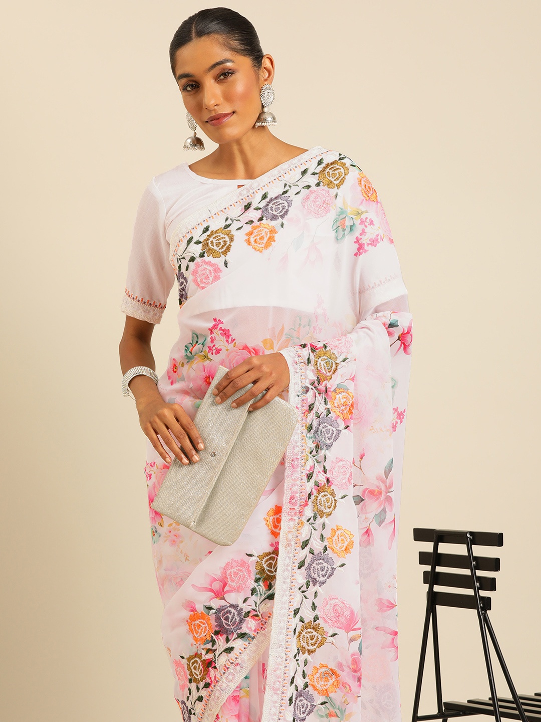 

HERE&NOW Floral Beads and Stones Poly Georgette Saree, White