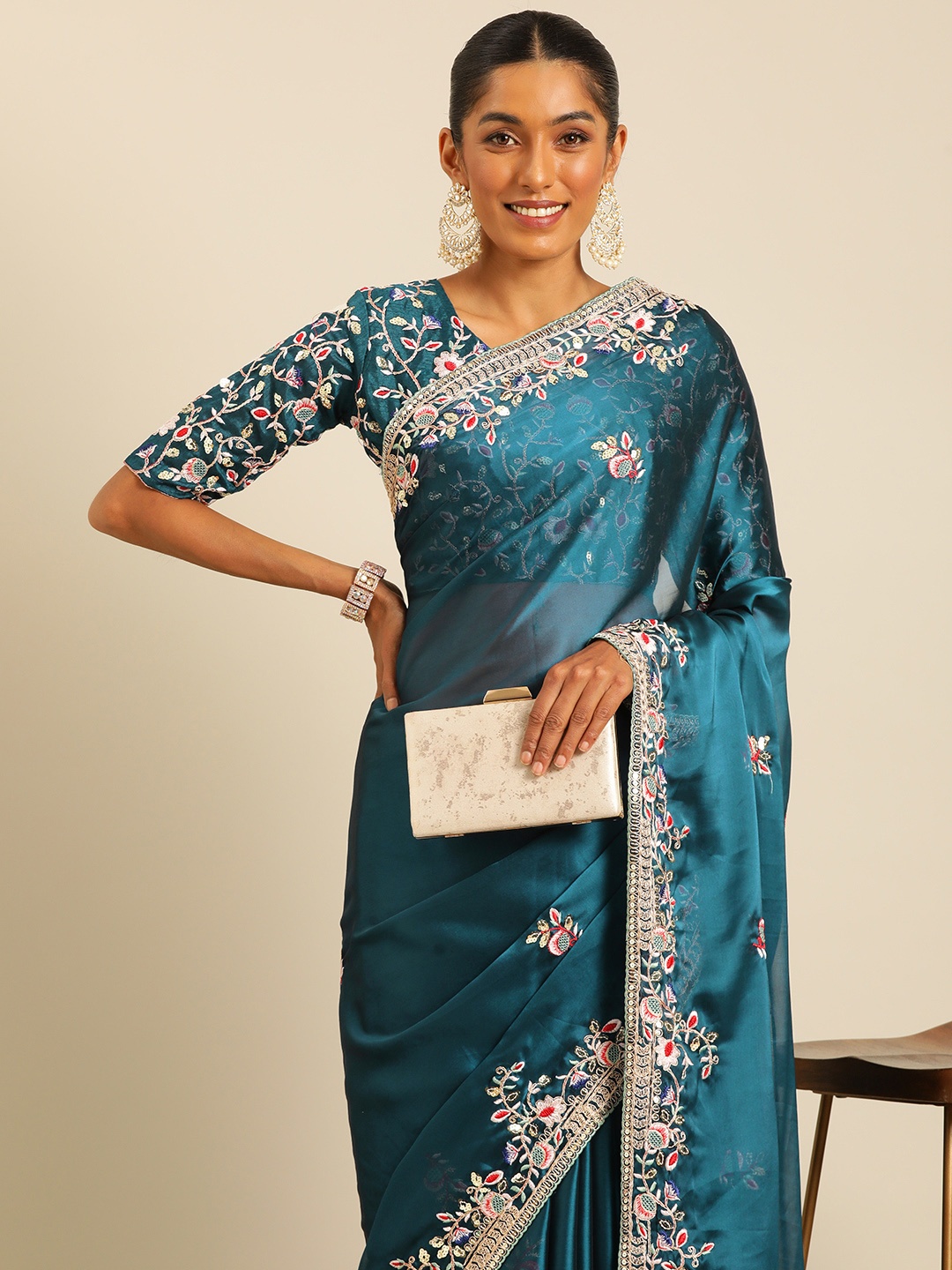 

HERE&NOW Floral Embroidered Silk Blend Saree, Teal