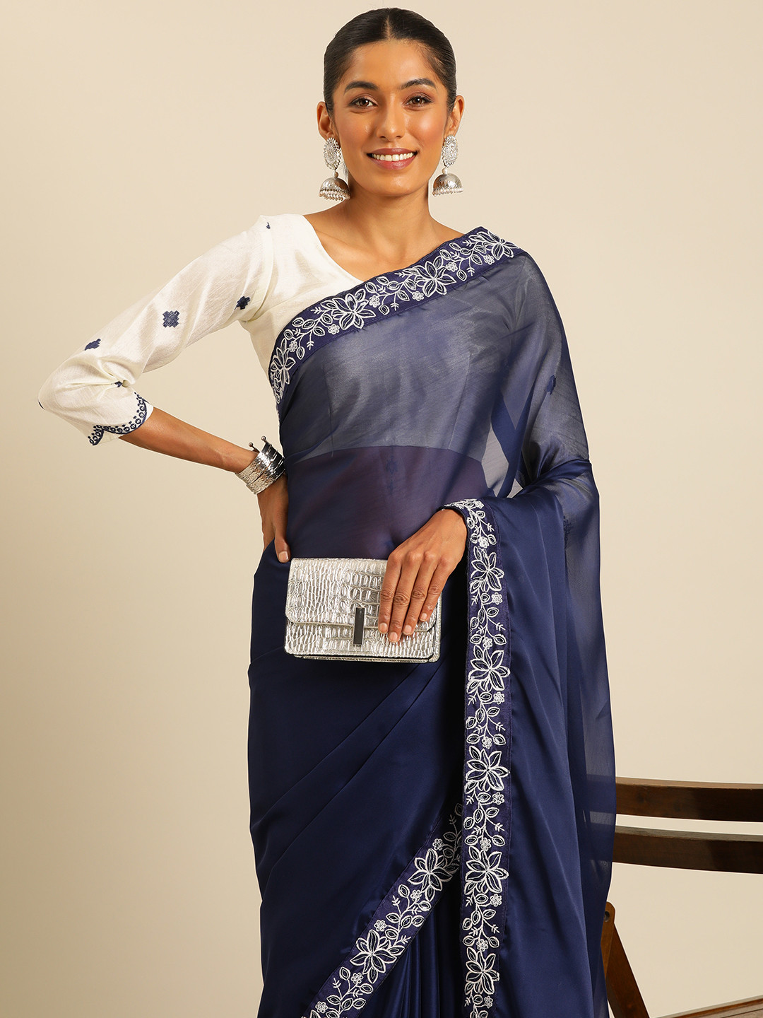 

HERE&NOW Beads and Stones Silk Blend Saree, Navy blue