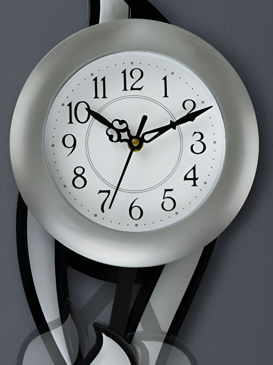 Attractionz Silver-Toned & Black Beige Round Pendulum Analogue Wall Clock