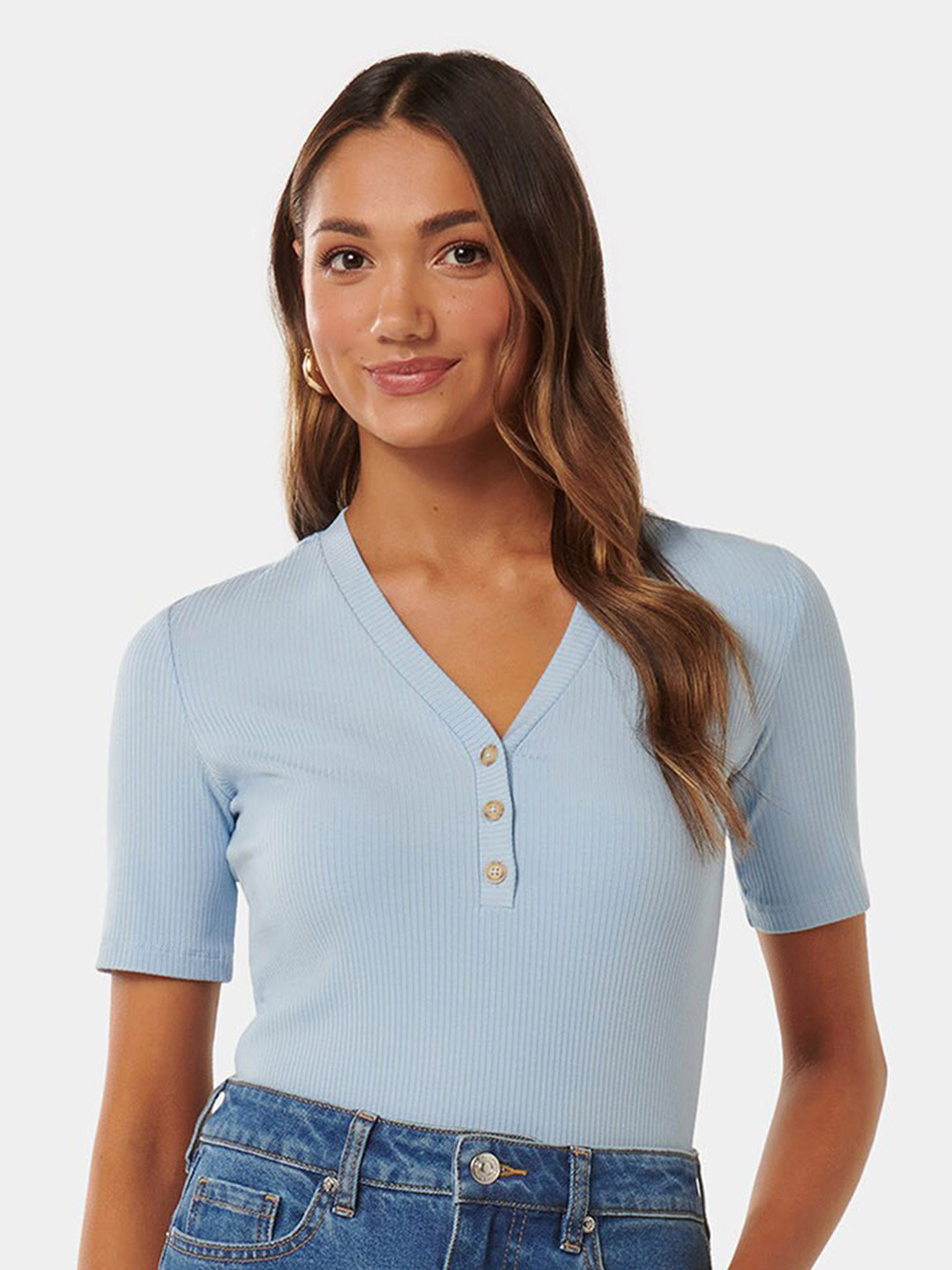 

Forever New V-Neck Fitted Opaque Casual Regular Top, Blue