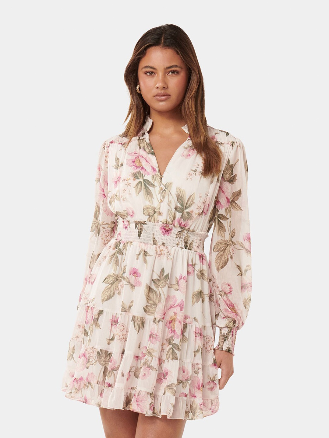 

Forever New Floral Print Fit & Flare Shirt Collar Neck Dress, White