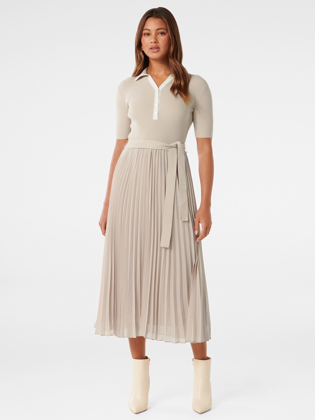 

Forever New Fit & Flare Polo Collar Knit Midi Dress, Cream