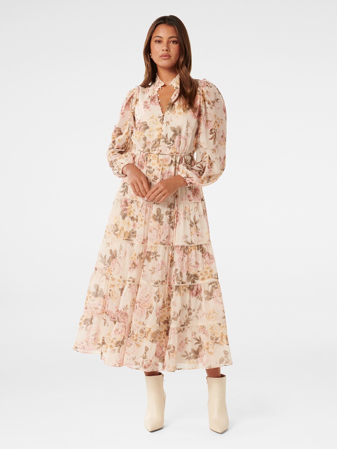 

Forever New Floral Print Fit & Flare Midi Button Down Dress, Cream
