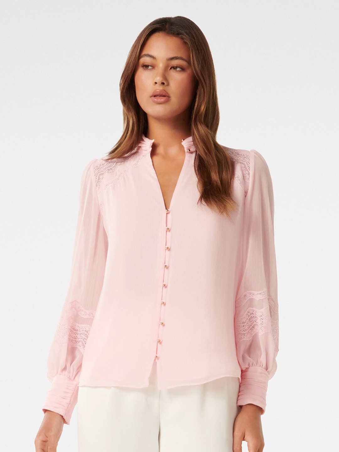

Forever New Mandarin Collar Shirt Style Opaque Casual Top, Pink
