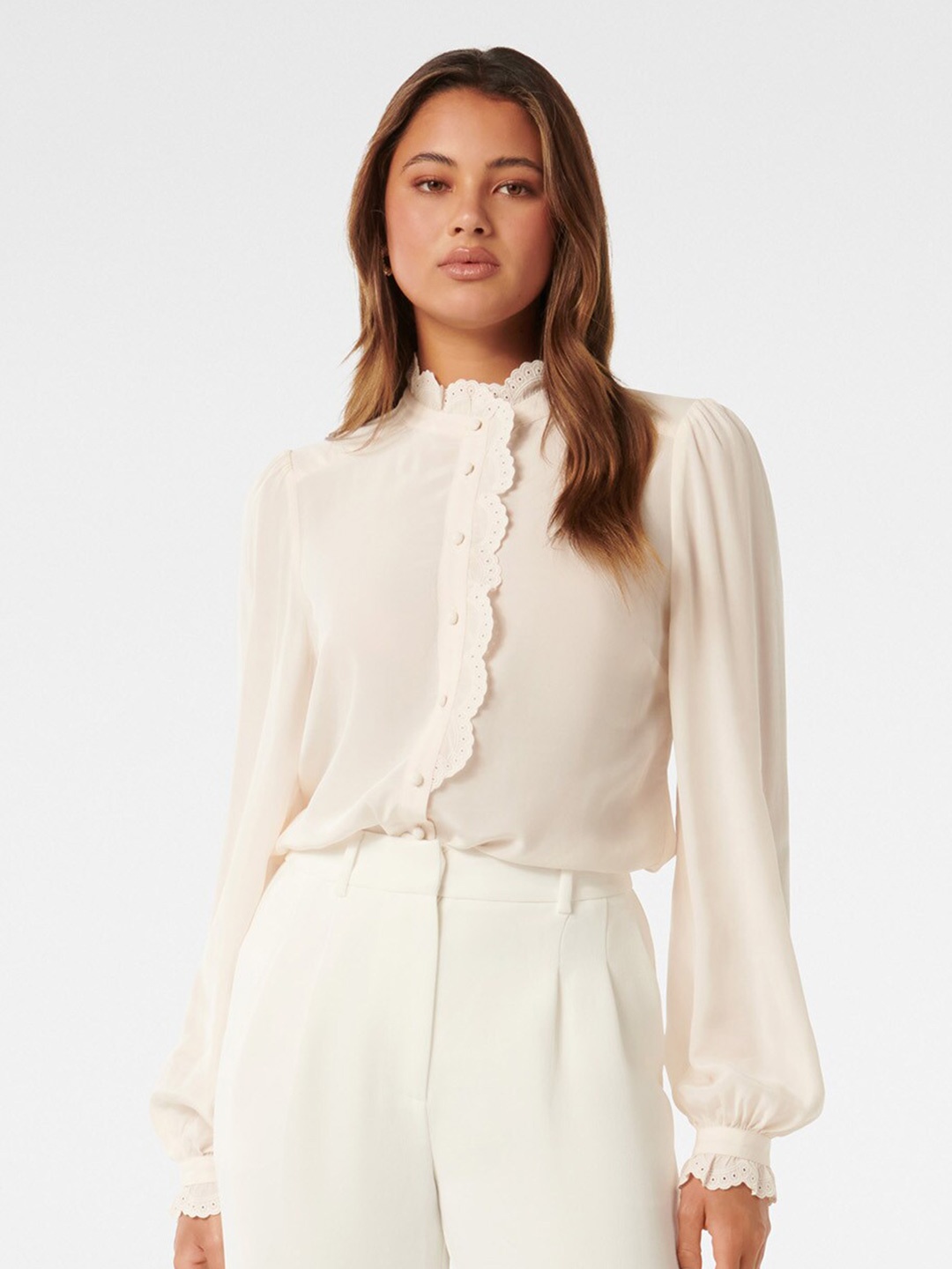

Forever New Mandarin Collar Puff Sleeve Shirt Style Opaque Casual Top, White