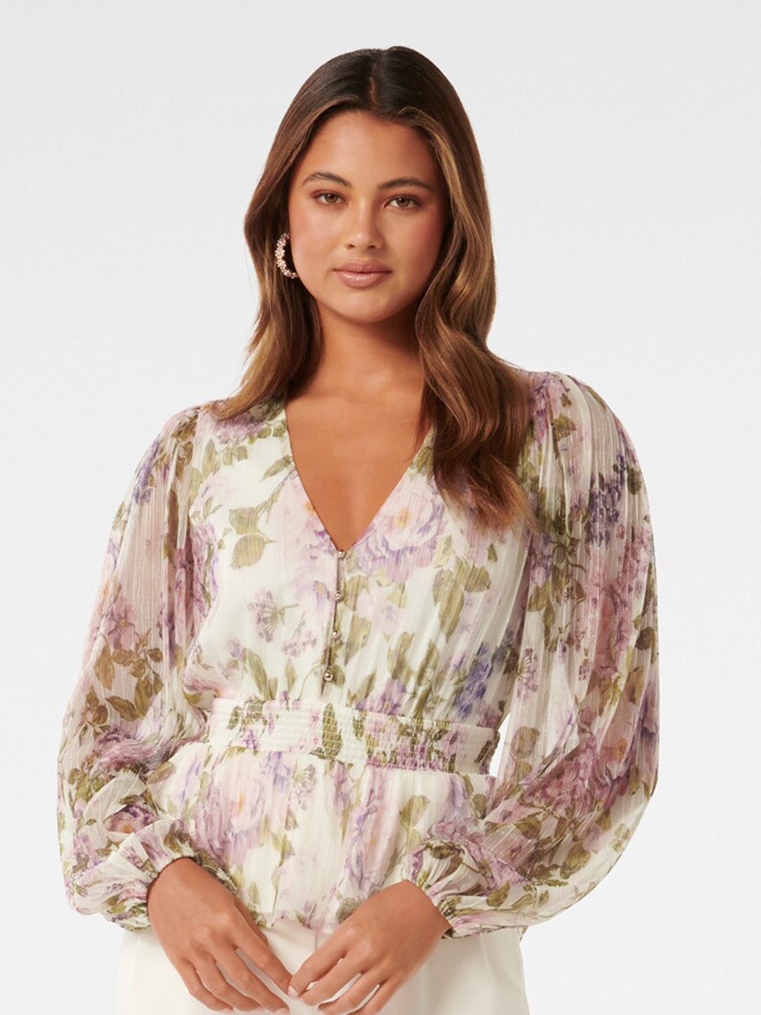 

Forever New Sibel Floral Print Puff Sleeves Cinched Waist Top, White
