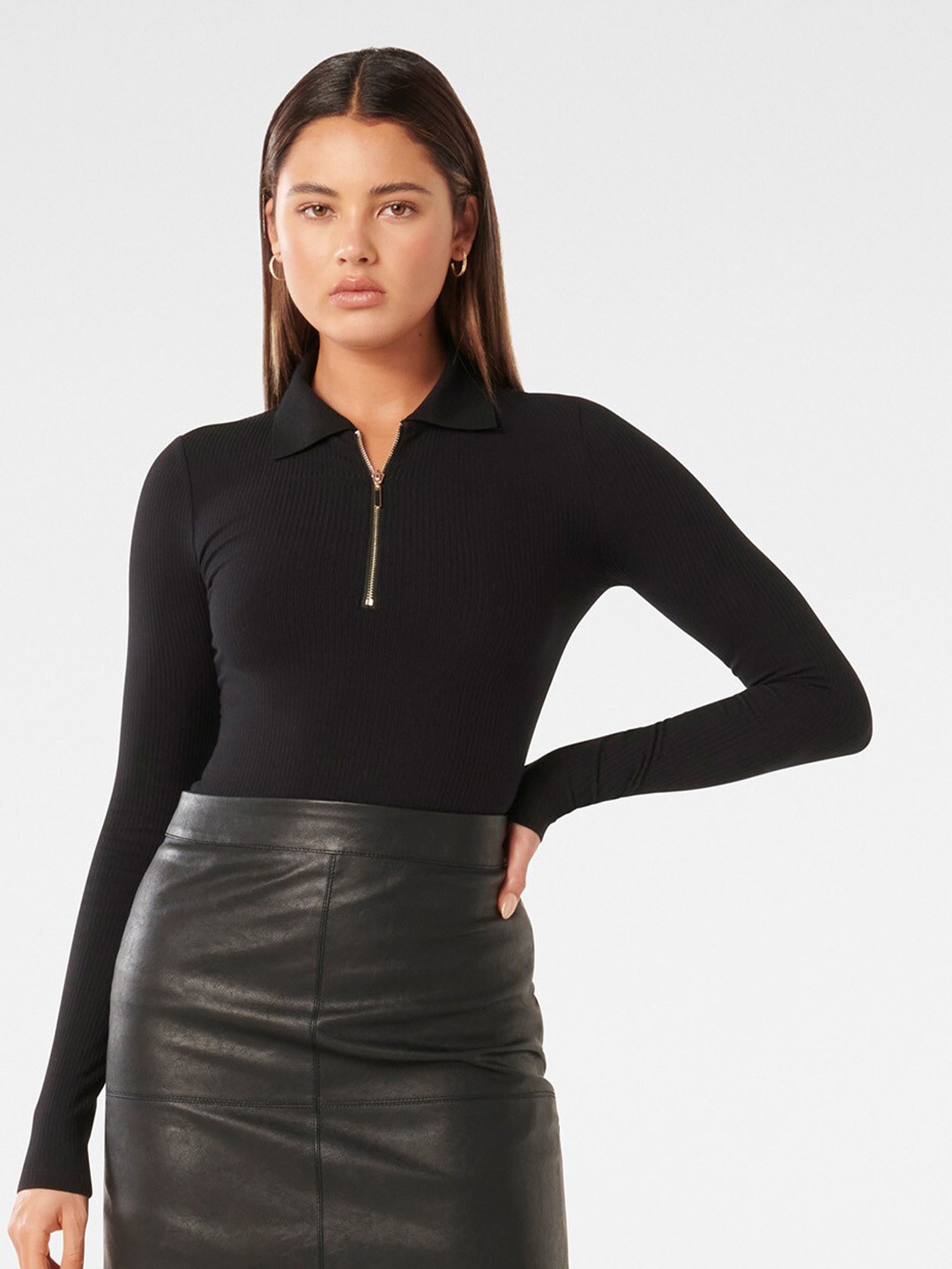 

Forever New Vivienne Long Sleeves Zip Front Fitted Top, Black