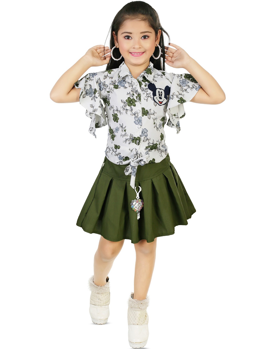 

BAESD Girls Printed Shirt Collar Top With Skirt, White