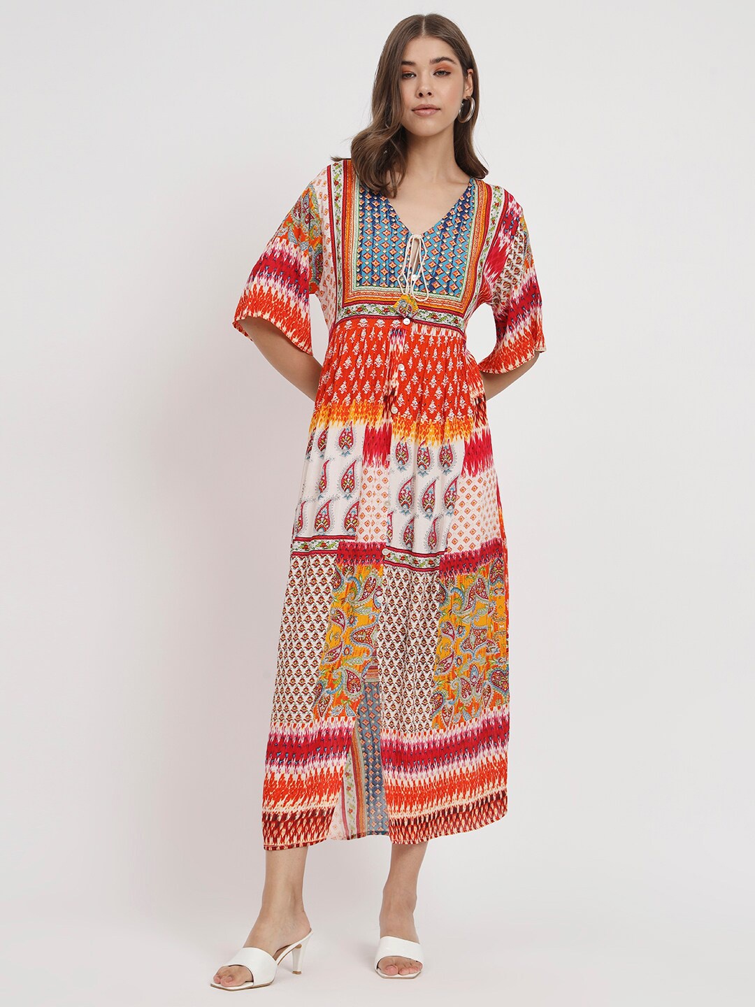 

VELDRESS Ethnic Motifs Printed V-Neck Empire Midi Dress, Orange
