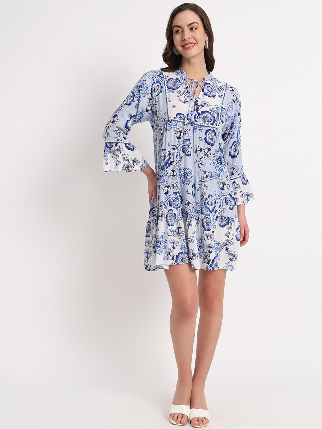 VELDRESS Floral Printed Tie-Up Neck Bell Sleeve Fit & Flare Dress, Blue
