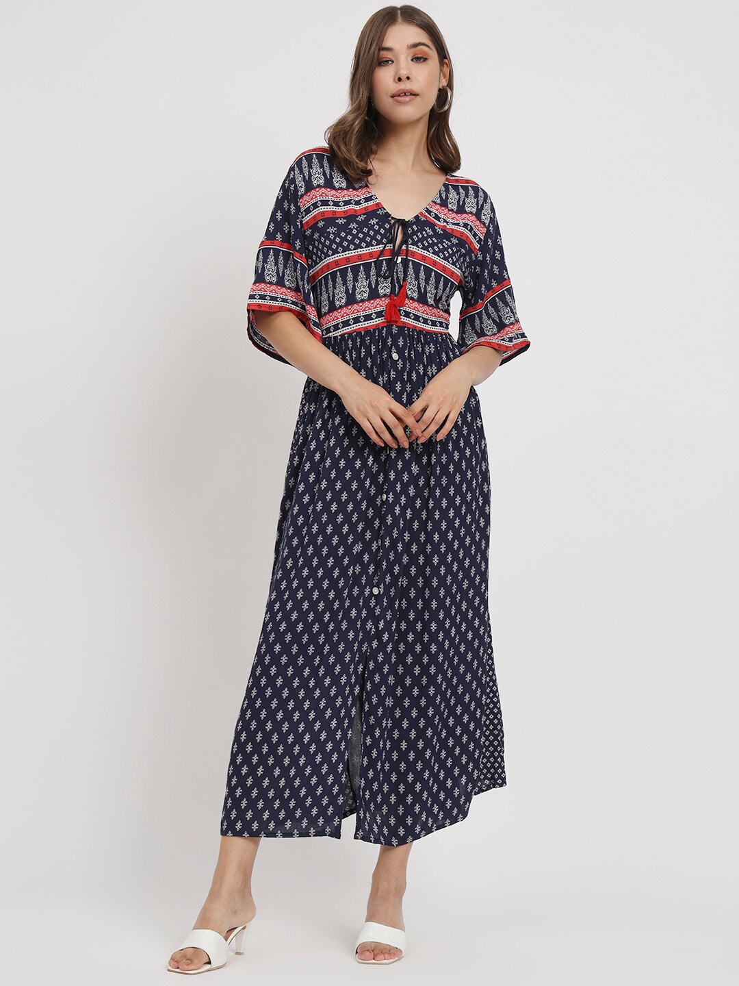 

VELDRESS Ethnic Motifs Printed Fit & Flare Midi Dress, Blue