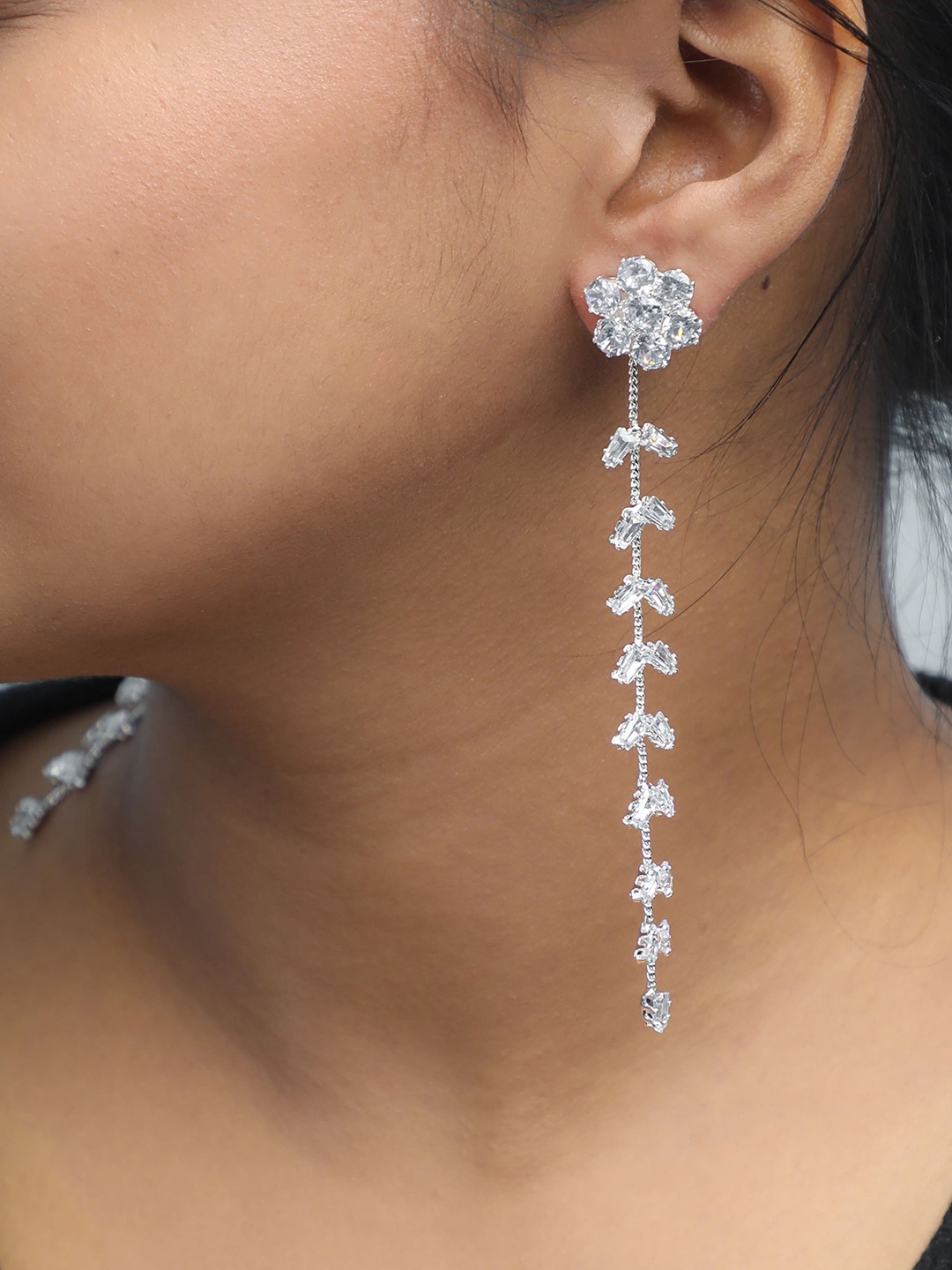 

VOJ Silver-Plated Artificial Stones-Studded Drop Earrings