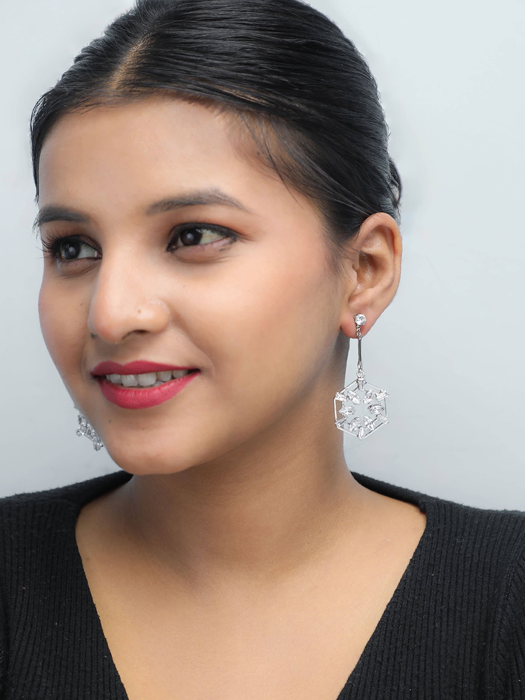 

VOJ Silver-Plated Artificial Stones-Studded Drop Earrings