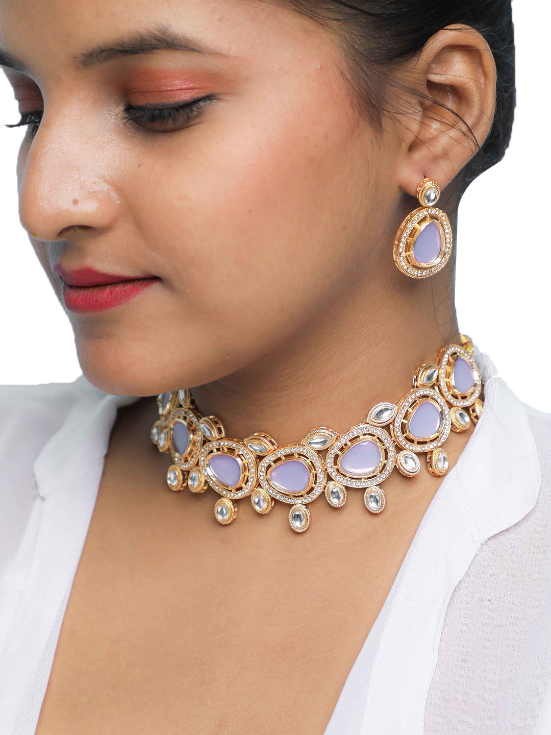 

VOJ Gold Plated Stones Studded & Beaded Jewellery Set