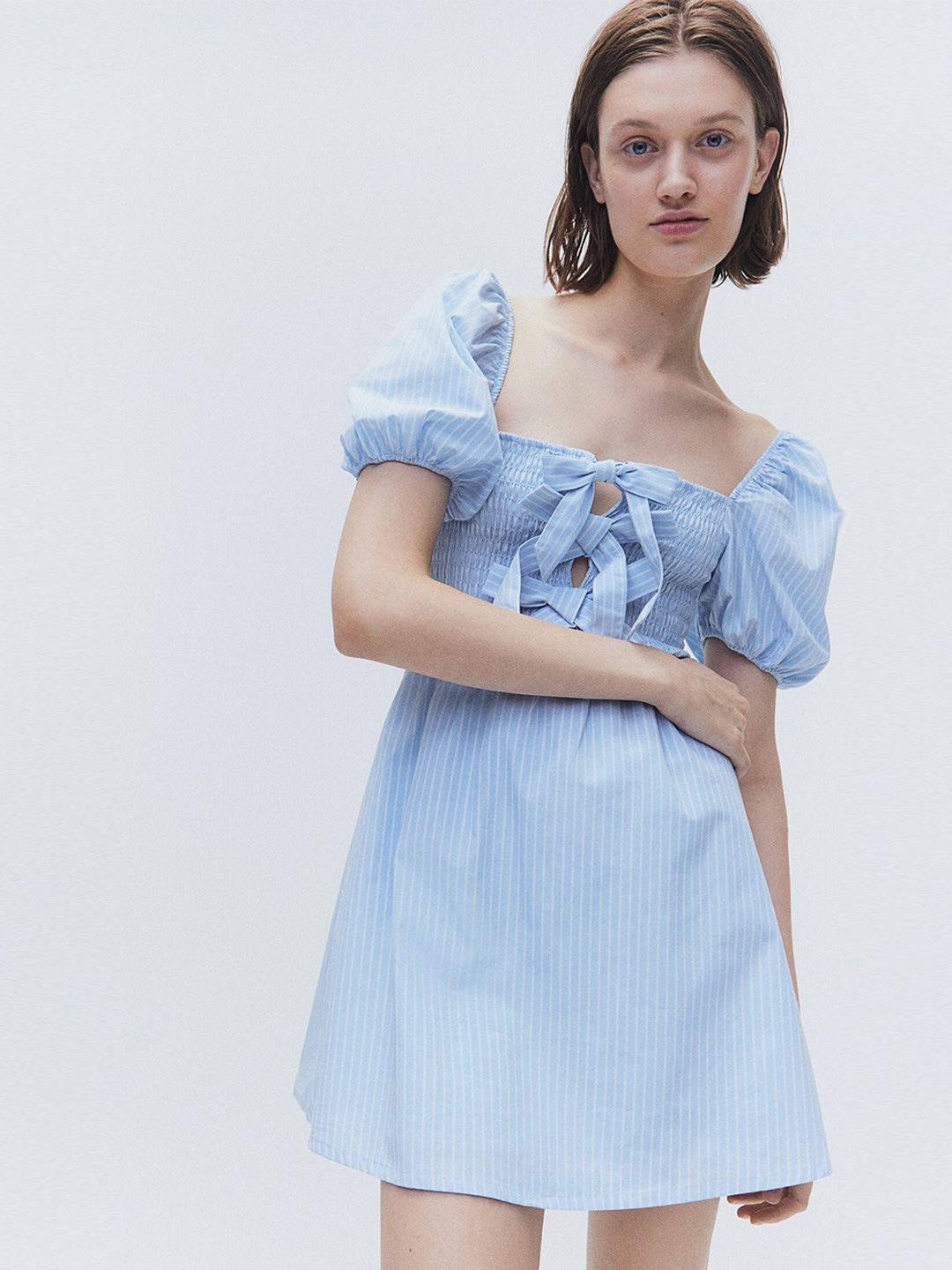 

H&M Bow-Detail Puff-Sleeved Pure Cotton Dress, Blue