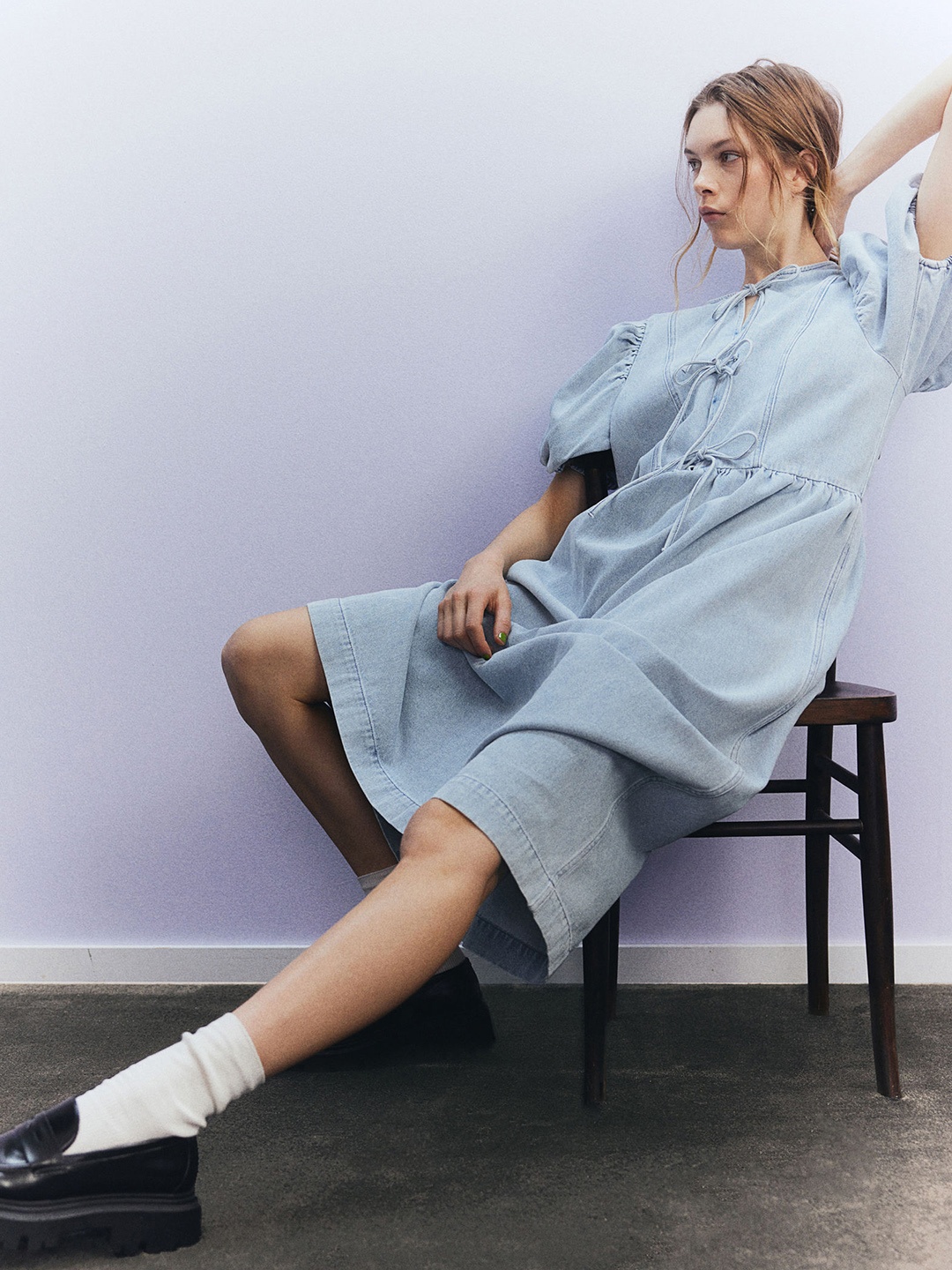 

H&M Puff-Sleeved Cotton Denim Dress, Blue