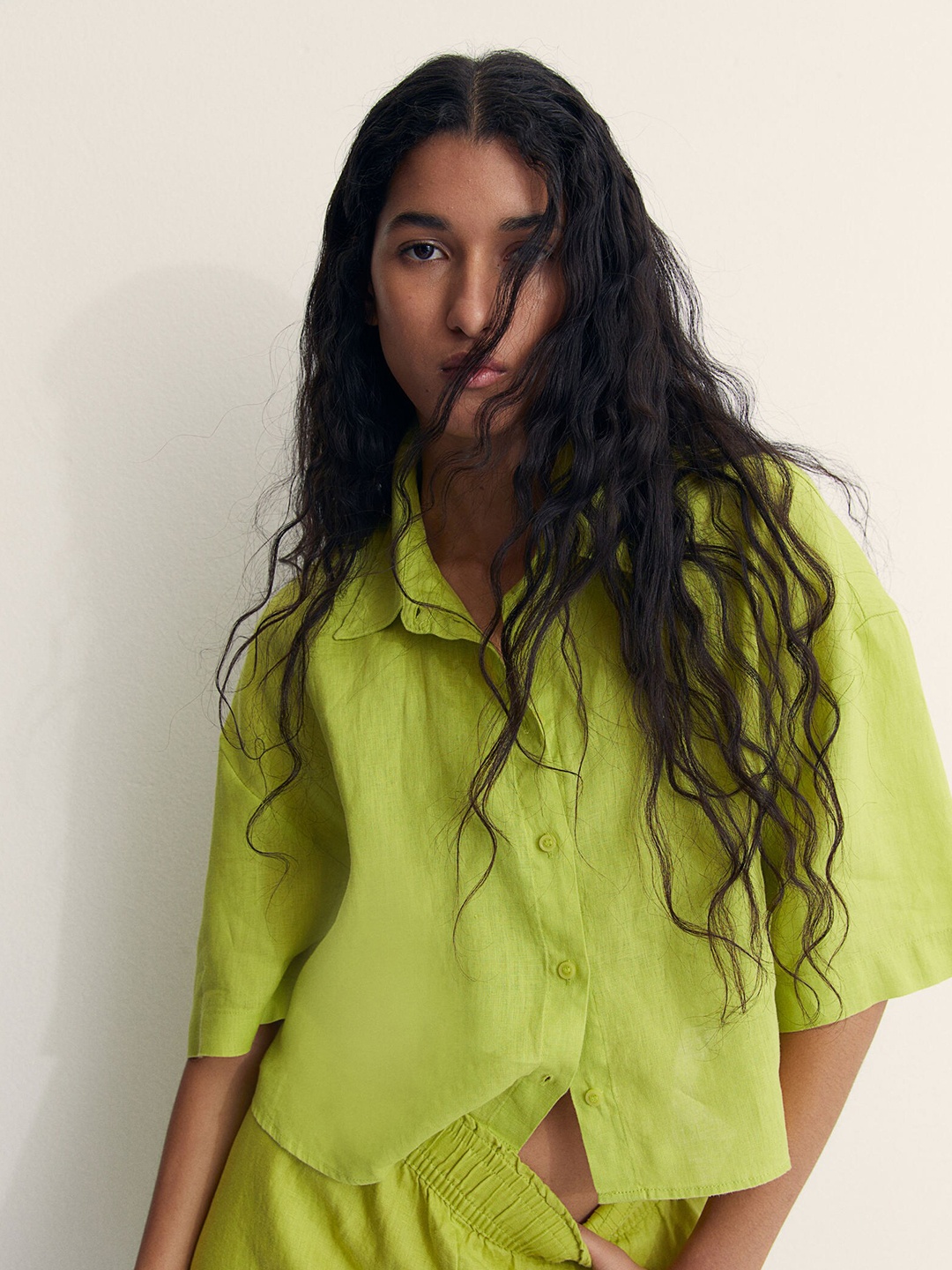 

H&M Linen Loose-Fit Short-Sleeved Shirt, Green