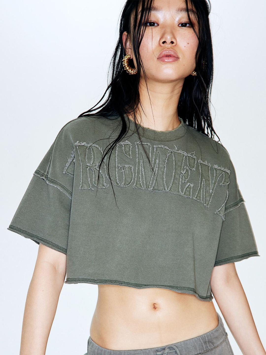 

H&M Cropped Motif-Detail T-shirt, Green
