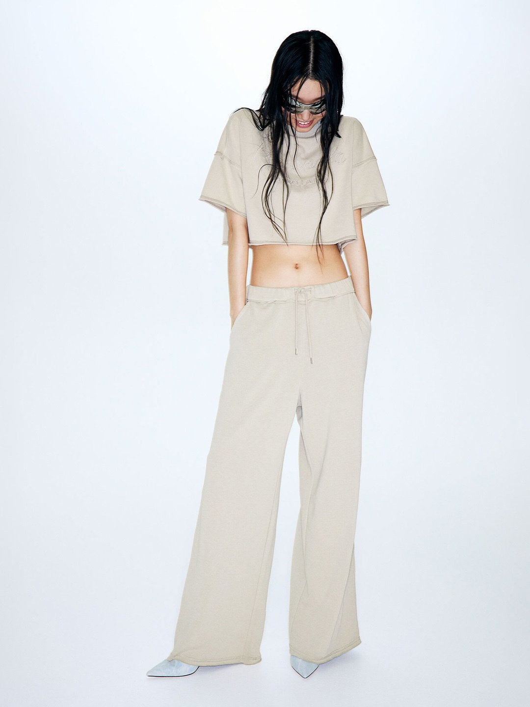 

H&M Cropped Motif-Detail T-shirt, Beige
