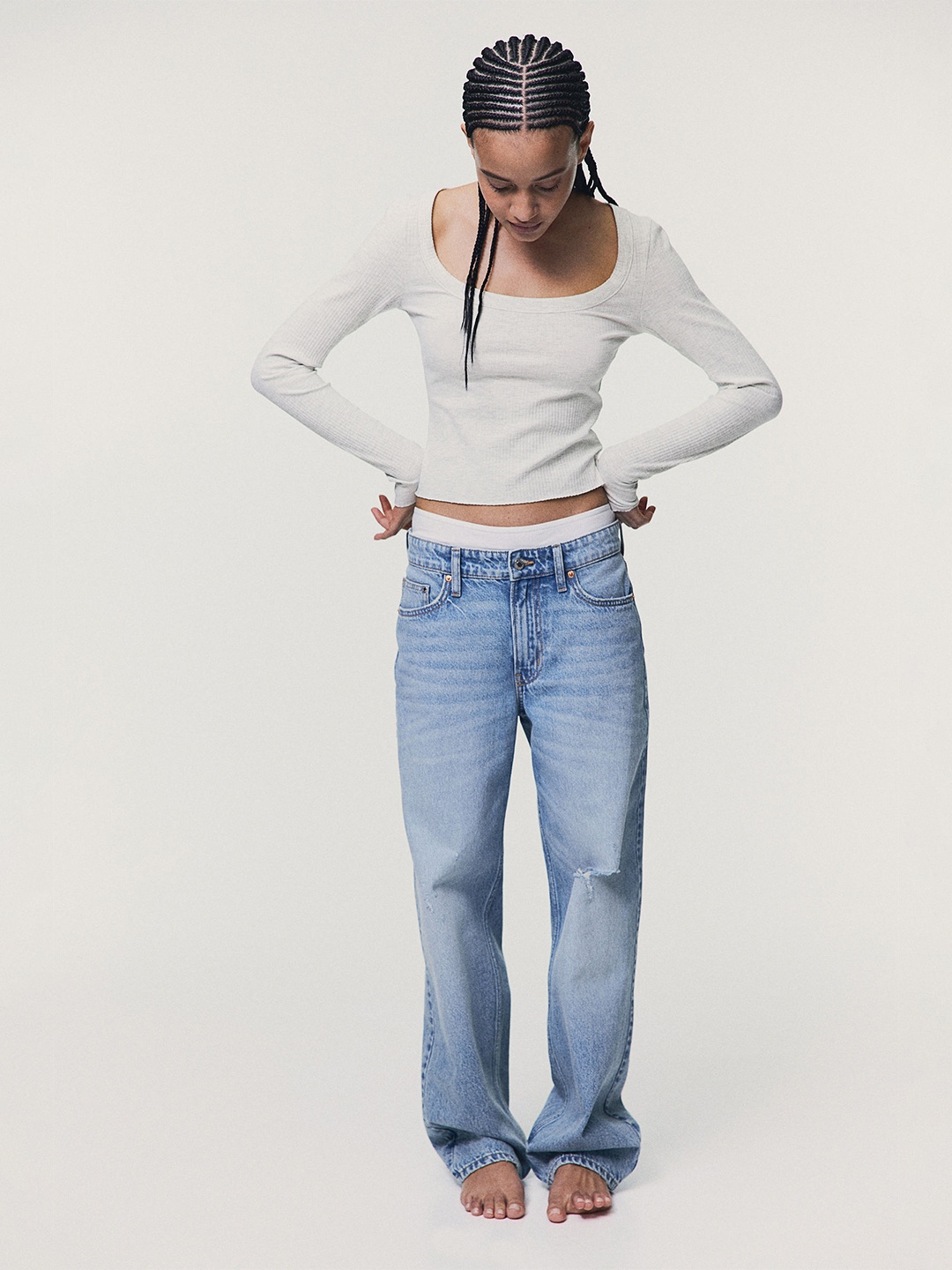 

H&M Ribbed Square-Neck Top, Grey