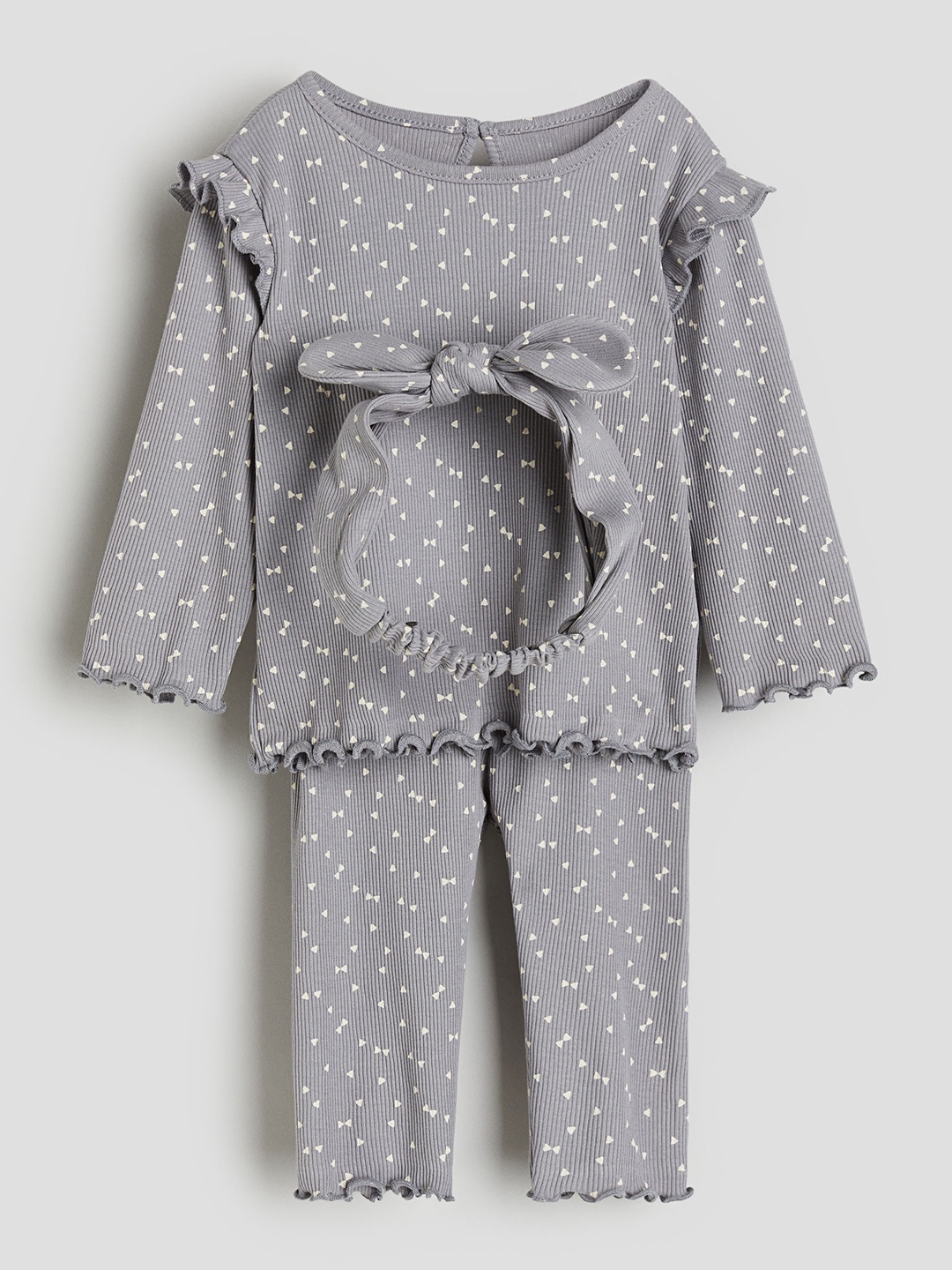 

H&M Girls 3-Piece Pure Cotton Ribbed Set, Grey