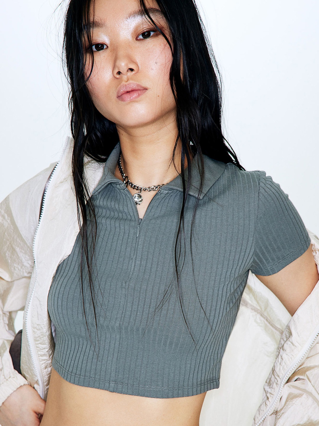 

H&M Zip Cropped Fitted Top, Green