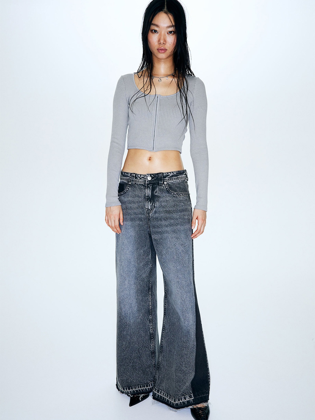 

H&M Cropped Long-Sleeved Top, Grey