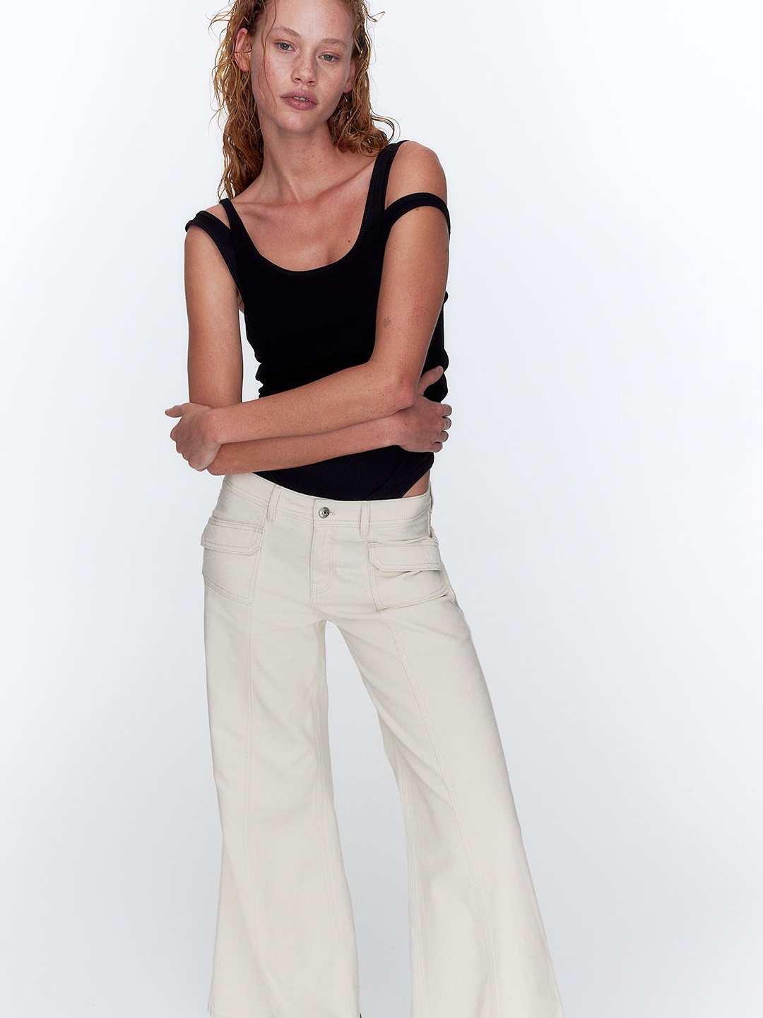 

H&M Women Wide Twill Trousers, Beige