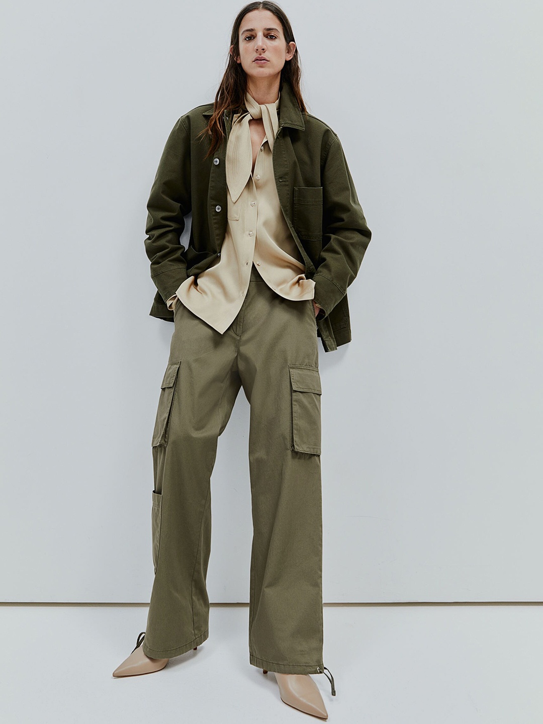 

H&M Women Pure Cotton Cargo Trousers, Green