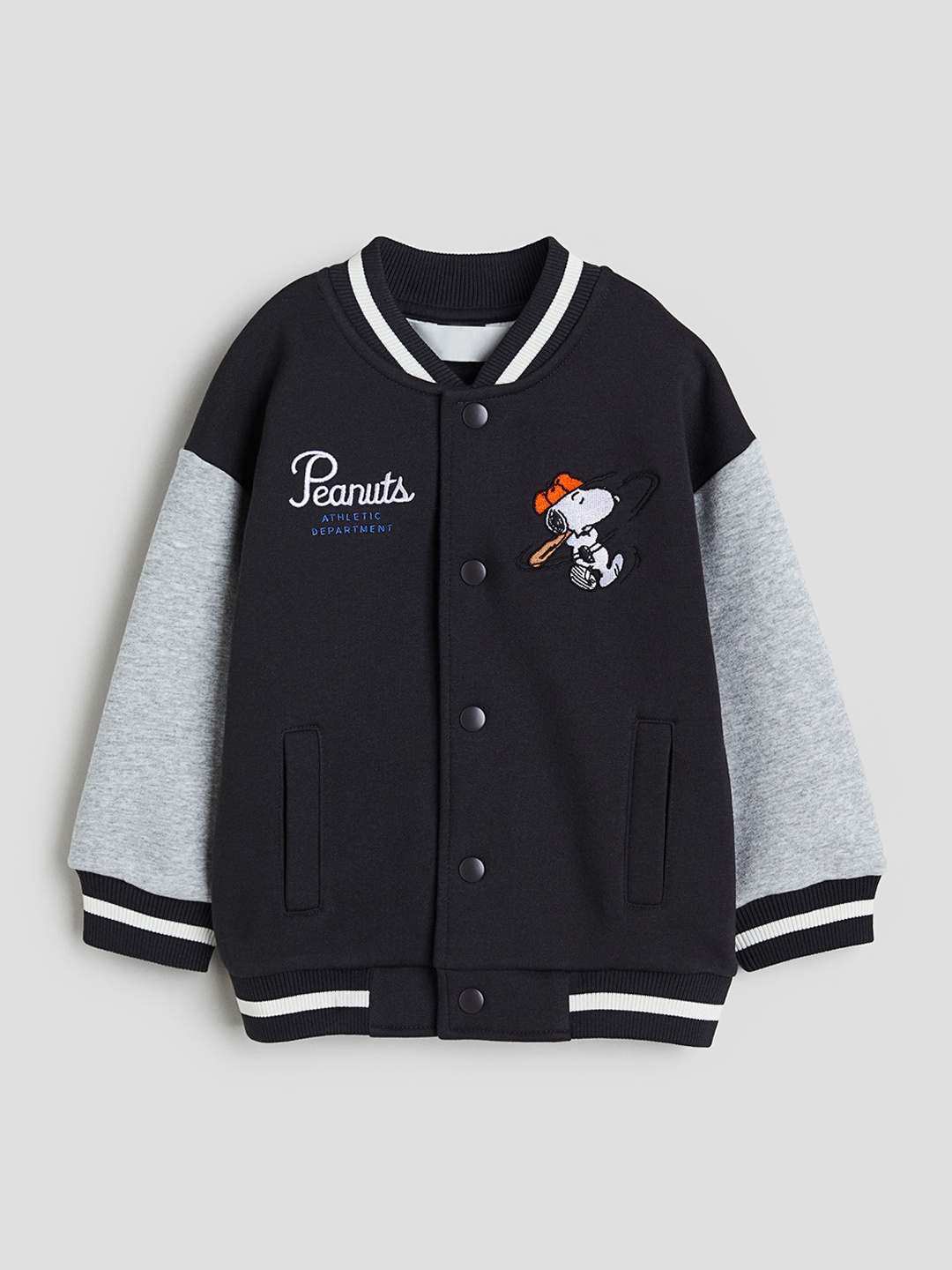 

H&M Boys Peanuts Printed Oversized Baseball Jacket, Black